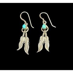 Sterling Silver and Turquoise VTG Southwestern Two Feather Earrings Dangle Hook